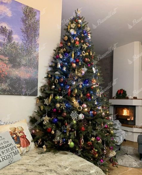 Künstlicher Weihnachtsbaum FULL 3D Alpenfichte 210cm Weihnachtsbaum mit bunten Ornamenten geschmückt
